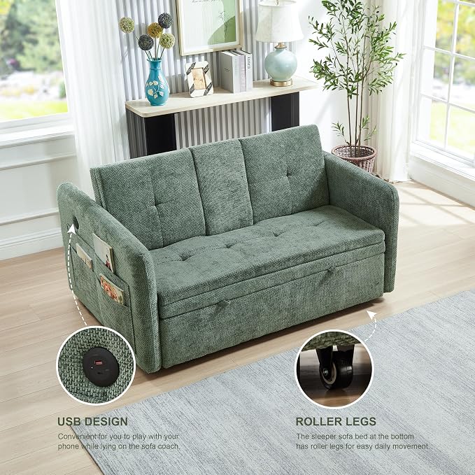 57.48" Convertible Sofa Bed with Cup Holder, Pull Out Sleeper Sofa Bed with USB Charging Ports, 3 in 1 Convertible Sleeper Sofa Bed for Living Room, Apartment, Bedroom, RV, Green