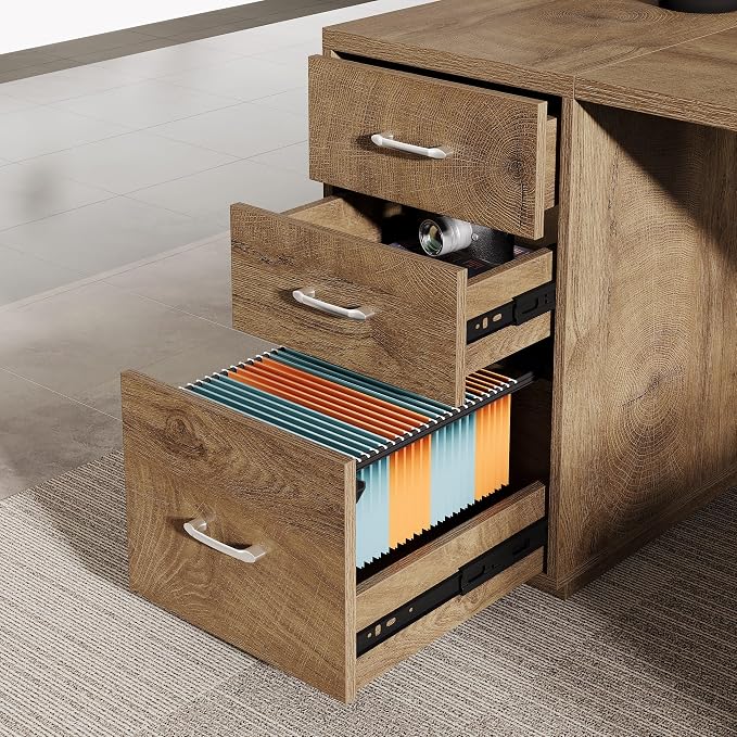 Tribesigns 85.8-Inch L-Shaped Executive Desk, Extra Large Modern Office Desk with File Drawers, Door Cabinet & Shelves, Commercial Office Table, Home Business Workstation, Natural Oak