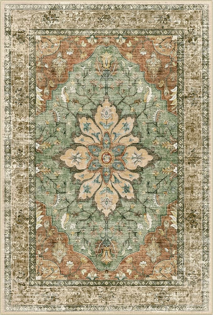 RELEANY Area Rugs Runner 3'x20' Washable Non-Slip, Floral Vintage Distress Medallion Carpet for Kitchen Hallway Bedroom Beside Laundry Room Bathroom, Terracotta Burnt Orange Green