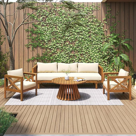 Merax Outdoor 4-Piece Acacia Wood Conversation Set - Patio 3-Seat Loveseat Sofa Daybed with Cushion, 2 Armchair and Round Coffee Table for Backyard, Lawn, Balcony, Teak + Beige