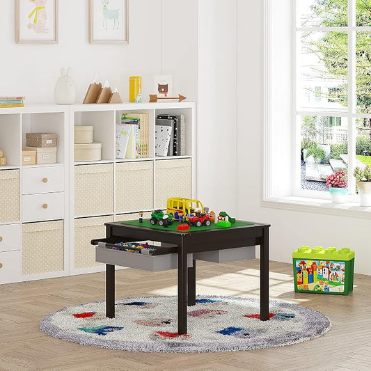 UTEX 2 in 1 Kids Construction Play Table with Storage Drawers and Built in Plate (Espresso with Grey Drwaer)