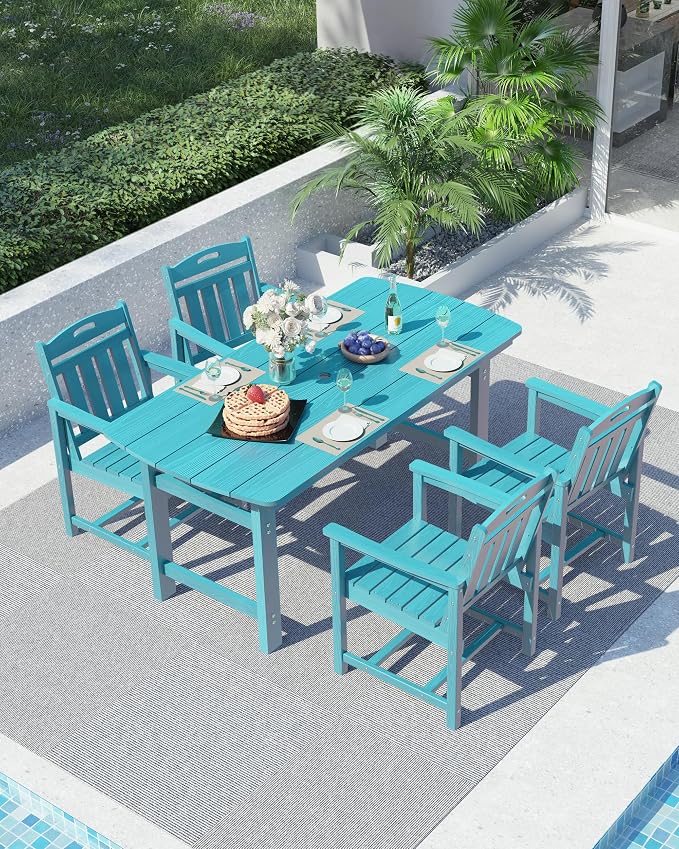 Ciokea HDPE Outdoor Dining Set, 5-Piece Patio Table and Chairs Set with Umbrella Hole, All-Weather Patio Dining Sets for 4, Durable Patio Furniture for Backyard, Garden, Lawn & Poolside, Lake Blue