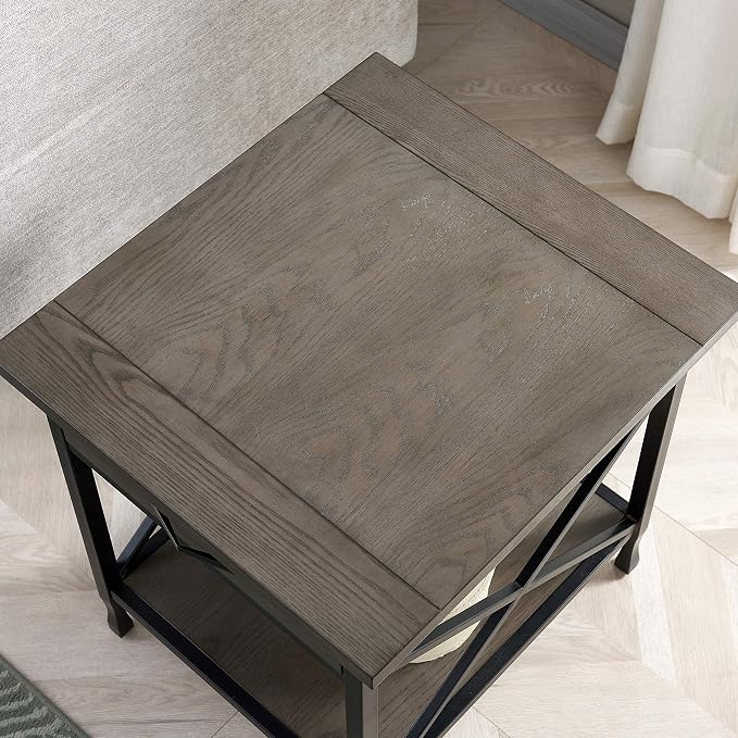 Leick Home 23007 Chisel & Forge One Drawer X Design Mixed Metal and Wood Side Table with Shelf, Smoke Gray and Matte Black, 22 in x 24 in x 24 in