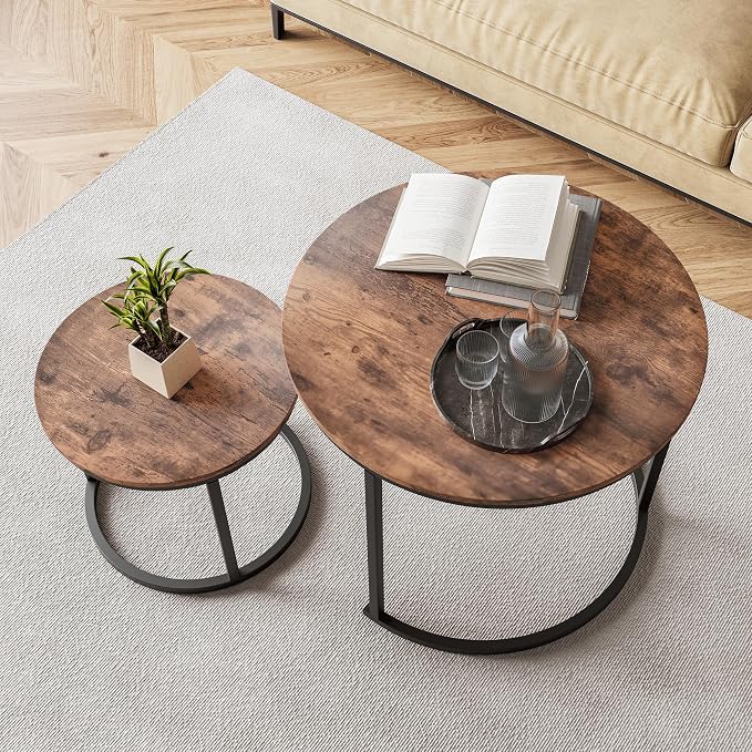 HOJINLINERO Round Coffee Table,Nesting Coffee Table Set of 2,Center Tables for Living Room,Office, Home Small Space,Stacking Side Tables,Sturdy and Easy Assembly,Wood Desktop,Rustic Brown,Small