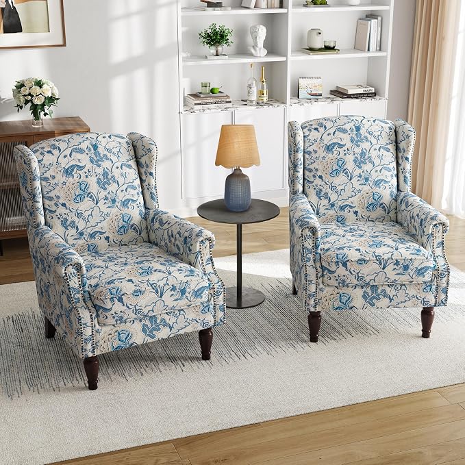 Pia Ricco Set of 2 Floral Accent Chairs, High Back Upholstered Armchairs with Retro Wingback Design, Nailhead Trim & Solid Wood Legs for Living Room Bedroom(Flower Blue)