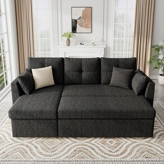 Huatean Home Sleeper Couch Sofa, Sectional Sleeper Sofa Bed with Side Pocket for Living Room, 2 in 1 Pullout Couch Bed with Storage Chaise, Black