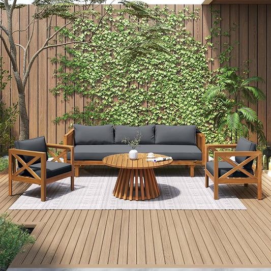 Merax Outdoor 4-Piece Acacia Wood Conversation Set - Patio 3-Seat Loveseat Sofa Daybed with Cushion, 2 Armchair and Round Coffee Table for Backyard, Lawn, Balcony, Teak+Dark Gray