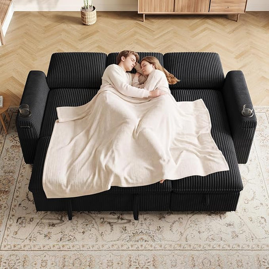 Sectional Sleeper Sofa with Pull Out Bed, Plush Corduroy Sectional Sofa with Storage Chaise and Adjustable Backrest, Cloud Sectional Couches for Living Room, Apartment, Black