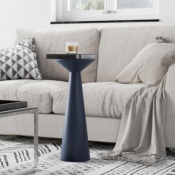COZAYH Farmhouse Tall Pedestal End Table Small Solid Wood Martini Table Plant Stand Modern Round Drink Table for Small Space Living Room, Dark Blue