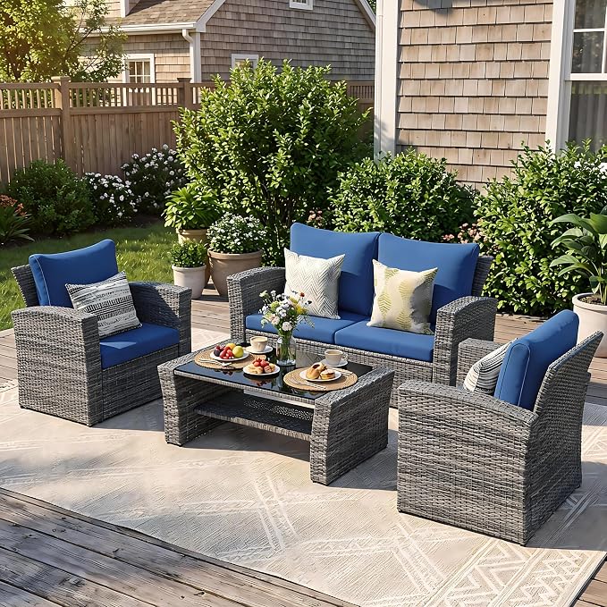 Wisteria Lane Patio Furniture Set, Wicker Outside Outdoor Furniture for All Weather, Patio Sofa with High Backrest Support and Wide Armrest for Backyard, Balcony, Deck, Porch, Dark Blue