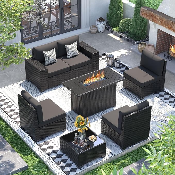 UDPATIO Patio Furniture Set with Fire Pit Table, Outdoor Wicker Conversation Set with 8'' Wide Armrests, Patio Sectional Sofa Set for Backyard, Deck, Black Cushions