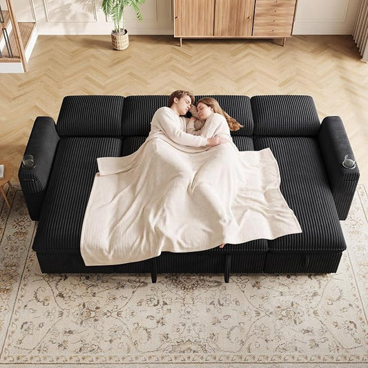 Sectional Sleeper Sofa with Pull Out Bed, Plush Corduroy Sectional Sofa with Double Storage Chaise and Adjustable Backrest, Cloud Sectional Couches for Living Room, Apartment, Black