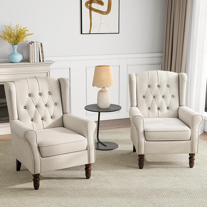 Mid-Century Modern 2-Piece Wingback Chair Set - Plush Upholstered Accent Chairs with Solid Wood Legs, High Back Lounge Seating for Living Room, Bedroom & Office - Retro Matched Pair (Grayish Beige)