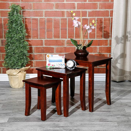 DTY Indoor Living 3-Piece Nesting Tables - Wooden Table Set of 3 for Living Room - Stackable Tables with Sleek Cherry Finish for Stylish and Space-Saving Home Furniture