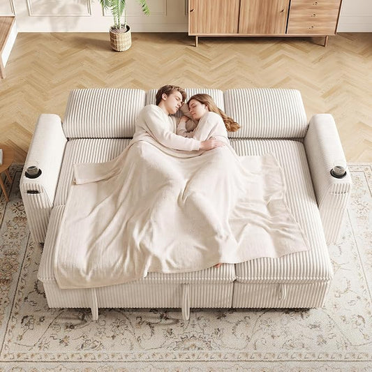 Sectional Sleeper Sofa with Pull Out Bed, Plush Corduroy Sectional Sofa with Storage Chaise and Adjustable Backrest, Cloud Sectional Couches for Living Room, Apartment, Beige