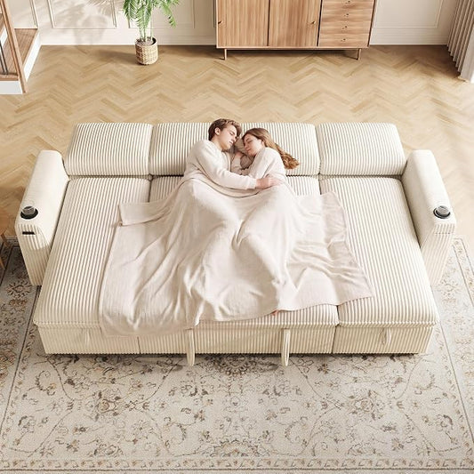 Sectional Sleeper Sofa with Pull Out Bed, Plush Corduroy Sectional Sofa with Double Storage Chaise and Adjustable Backrest, Cloud Sectional Couches for Living Room, Apartment, Beige