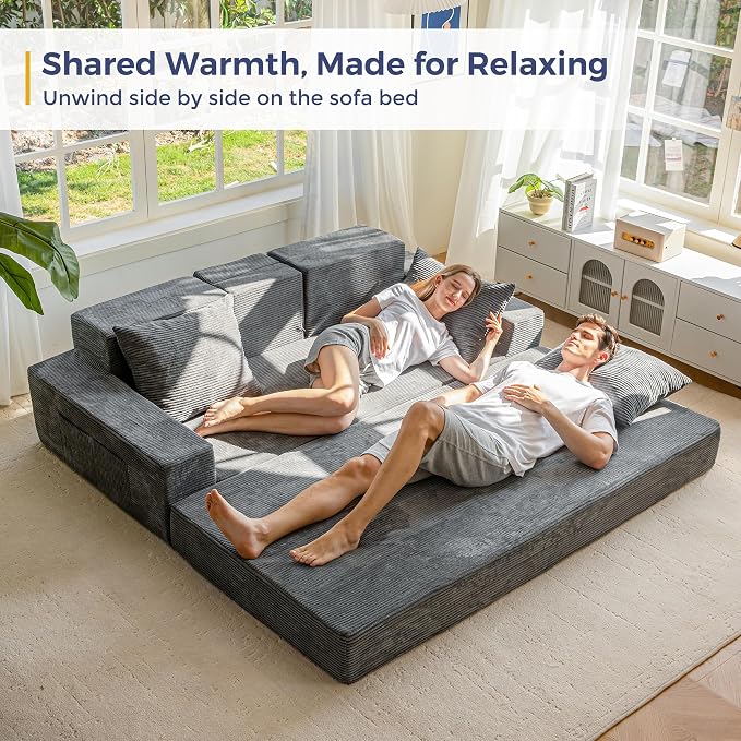 MAXYOYO Convertible Sofa Bed, 80" Oversized Boneless Loveseat Couch 4 in 1 Foldable Floor Sofa Couch in A Box with 2 Cup Holders, Folding Chair for Living Room, Grey