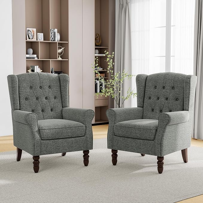 Mid-Century Modern Wingback Accent Chair - Plush Upholstered Armchair with Solid Oak Legs, Ergonomic High Back Design for Living Room, Bedroom Home Office - Stylish Retro Reading Lounge Chair, Gray