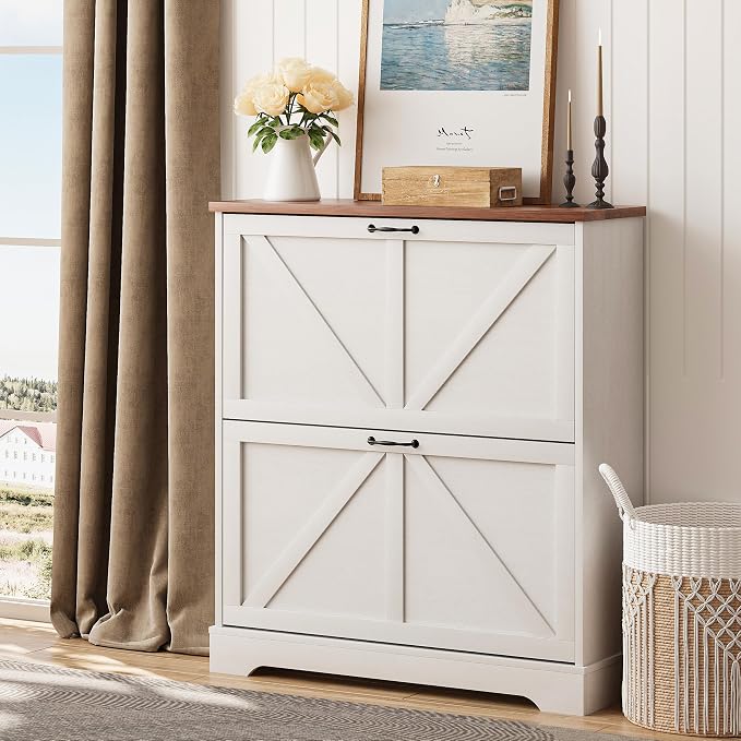 Smart FENDEE Shoe Cabinet, Shoe Storage Cabinet for Entryway with 2 Flip Drawers, Narrow Farmhouse Shoe Organizer Cabinet, Slim Shoe Rack Cabinet, White