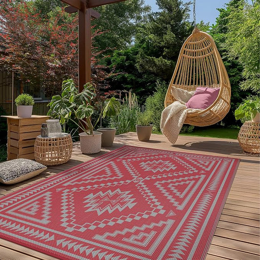 GENIMO Outdoor Rug for Patio Clearance - 6x9 ft Waterproof Plastic Camping Rugs, Reversible Outside Rv Mat Carpet for Porch, Deck, Picnic, Balcony, Beach, Backyard, Red Grey