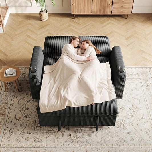 Sleeper Sofa with Pull Out Bed, Plush Corduroy Convertible Sofa Bed with Adjustable Backrest and Cup Holders, Loveseat Sleeper Couches for Living Room, Apartment, Dark Grey