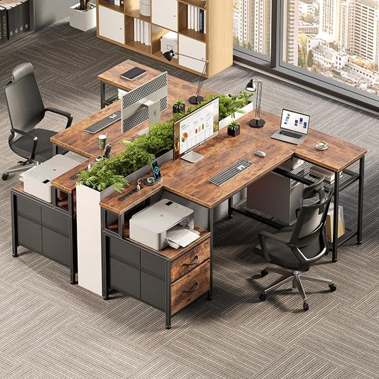 Korfile 49 Inch L Shaped Gaming Desk with Power Outlets and Type-C Port, Reversible Computer Office Desk with 2 Fabric Drawers & Mesh Shelves, Corner Desk for Study Work Writing Desk,Rustic Brown