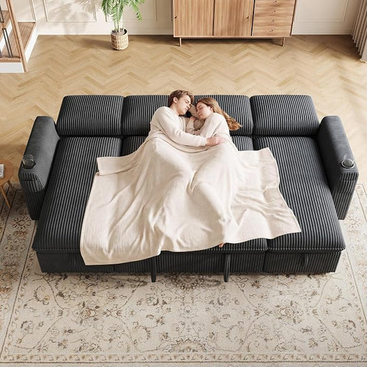 Sectional Sleeper Sofa with Pull Out Bed, Plush Corduroy Sectional Sofa with Double Storage Chaise and Adjustable Backrest, Cloud Sectional Couches for Living Room, Apartment, Dark Grey