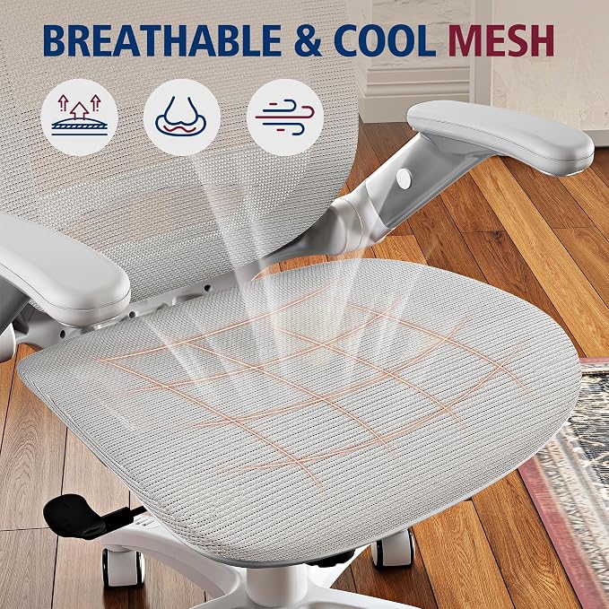 GABRYLLY Ergonomic Office Chair, High Back Home Desk Chair with Headrest, Flip-Up Arms, 90-120° Tilt Lock and Wide Cushion, 300LBS Mesh Chairs for Man Woman, White Task Chair(Grey,GY01WG)