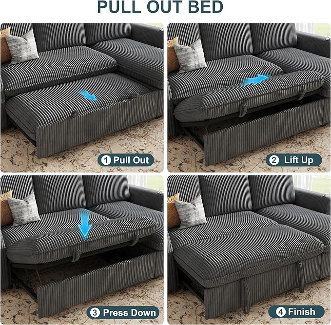 Sleeper Sofa with Pull Out Bed, Plush Corduroy Convertible Sofa Bed with Adjustable Backrest and Cup Holders, Loveseat Sleeper Couches for Living Room, Apartment, Light Grey