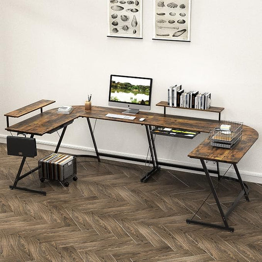 SHW 51 x 51 Inches Vista L-Shaped Desk with Monitor Stand and Drawer, Rustic Brown