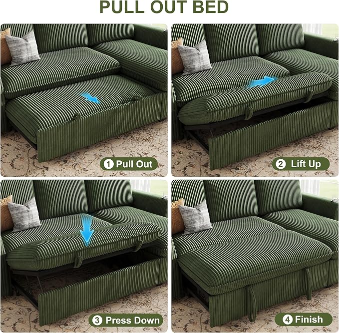 Sectional Sleeper Sofa with Pull Out Bed, Plush Corduroy Sectional Sofa with Double Storage Chaise and Adjustable Backrest, Cloud Sectional Couches for Living Room, Apartment, Green