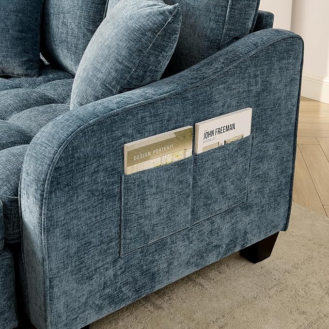 ERYE Chenille Tufted Loveseat Sofa and Ottoman Set, Tufted Recliner Sleeper Chaise Lounge with Curved Storage Ottoman,Reclining Backrest and Side Pockets, 4 Pillows