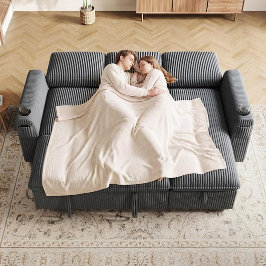 Sectional Sleeper Sofa with Pull Out Bed, Plush Corduroy Sectional Sofa with Storage Chaise and Adjustable Backrest, Cloud Sectional Couches for Living Room, Apartment, Light Grey