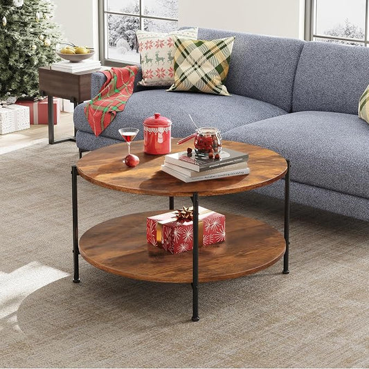 WLIVE Round Coffee Table, 32.6" Small Coffee Table with Storage Shelf, 2-Tier Circle Wood Center Table for Living Room, Apartment, Rustic Brown (Rustic Brown, 32.6" D x 32.6" W x 17.5" H)