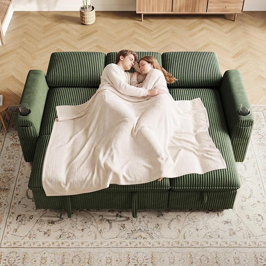 Sectional Sleeper Sofa with Pull Out Bed, Plush Corduroy Sectional Sofa with Storage Chaise and Adjustable Backrest, Cloud Sectional Couches for Living Room, Apartment, Green