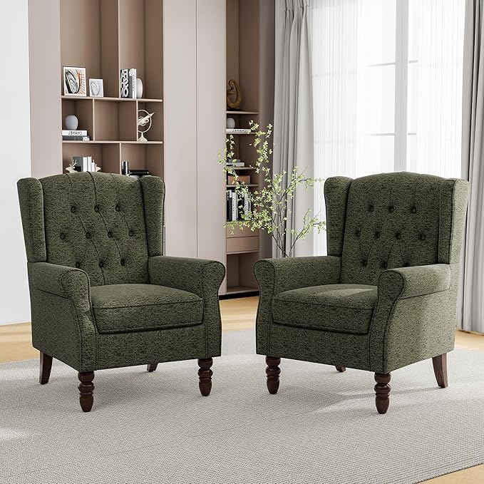 Mid-Century Modern Wingback Chair - Plush Upholstered Accent Armchair with Solid Oak Legs, Ergonomic High Back Lounge Chair for Living Room, Bedroom Office - Retro Modern Reading Chair Dark Green
