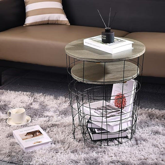 Elevon Nesting Table End Table Wire Basket Base with Wood Tops Side Table Set of 2, Gray