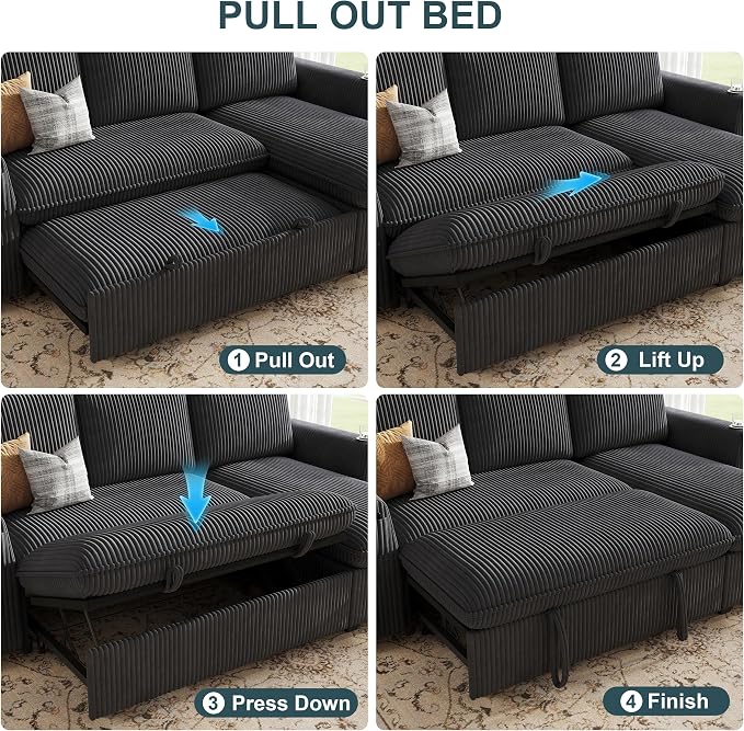 Sleeper Sofa with Pull Out Bed, Plush Corduroy Convertible Sofa Bed with Adjustable Backrest and Cup Holders, Loveseat Sleeper Couches for Living Room, Apartment, Dark Grey