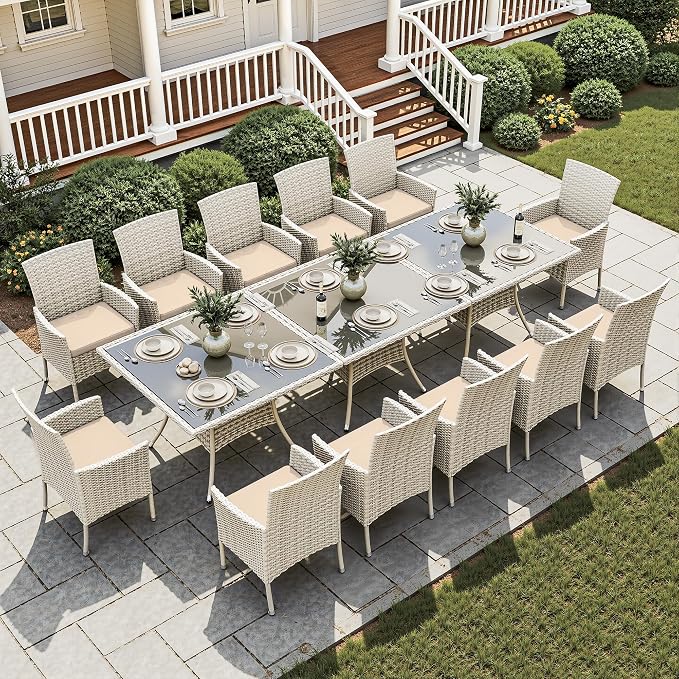 15-Piece Patio Dining Set, Patio Furniture Set with Square Tempered Glass Table & 12 Wicker Chairs, Expandable Design for Larger Groups, Outdoor Furniture for Backyard, Deck, Garden, Beige