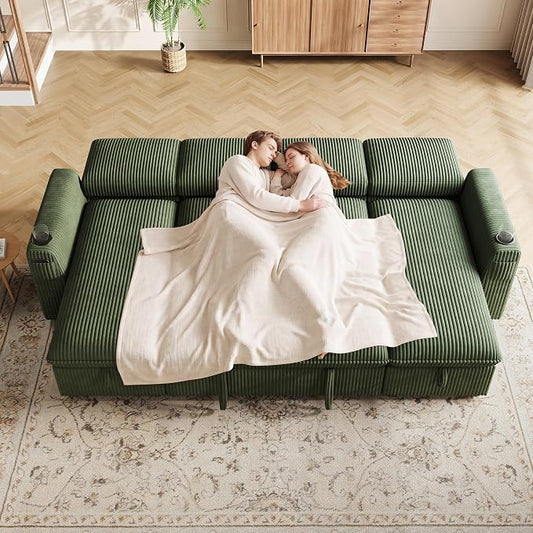 Sectional Sleeper Sofa with Pull Out Bed, Plush Corduroy Sectional Sofa with Double Storage Chaise and Adjustable Backrest, Cloud Sectional Couches for Living Room, Apartment, Green