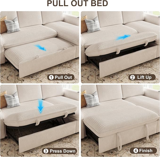 Sectional Sleeper Sofa with Pull Out Bed, Plush Corduroy Sectional Sofa with Storage Chaise and Adjustable Backrest, Cloud Sectional Couches for Living Room, Apartment, Beige