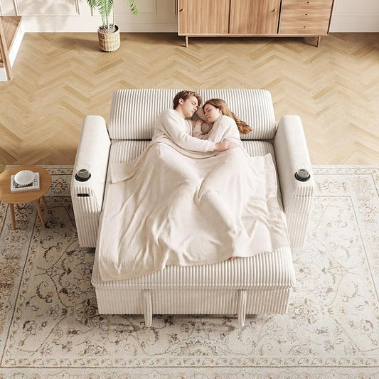 Sleeper Sofa with Pull Out Bed, Plush Corduroy Convertible Sofa Bed with Adjustable Backrest and Cup Holders, Loveseat Sleeper Couches for Living Room, Apartment, Beige