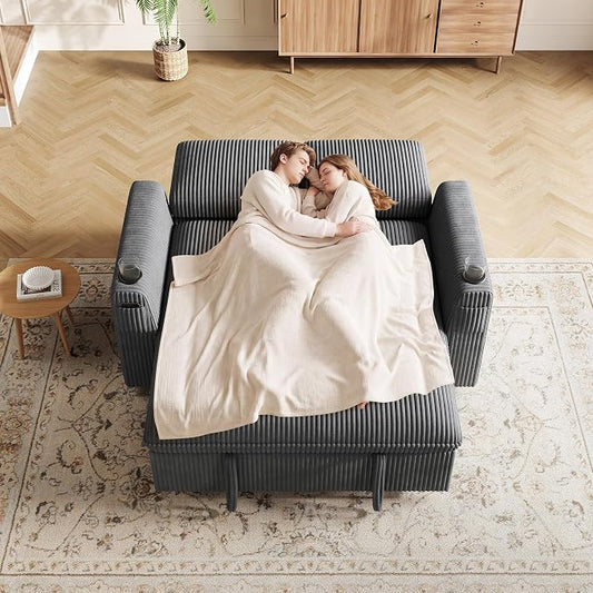 Sleeper Sofa with Pull Out Bed, Plush Corduroy Convertible Sofa Bed with Adjustable Backrest and Cup Holders, Loveseat Sleeper Couches for Living Room, Apartment, Light Grey