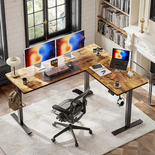 TIQLAB 63 x 55 inch L Shaped Standing Desk Adjustable Height, Electric Corner Standing Desk, Sit Stand Computer Table with Splice Board, Rustic Brown