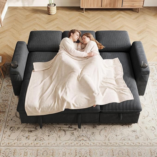Sectional Sleeper Sofa with Pull Out Bed, Plush Corduroy Sectional Sofa with Storage Chaise and Adjustable Backrest, Cloud Sectional Couches for Living Room, Apartment, Dark Grey