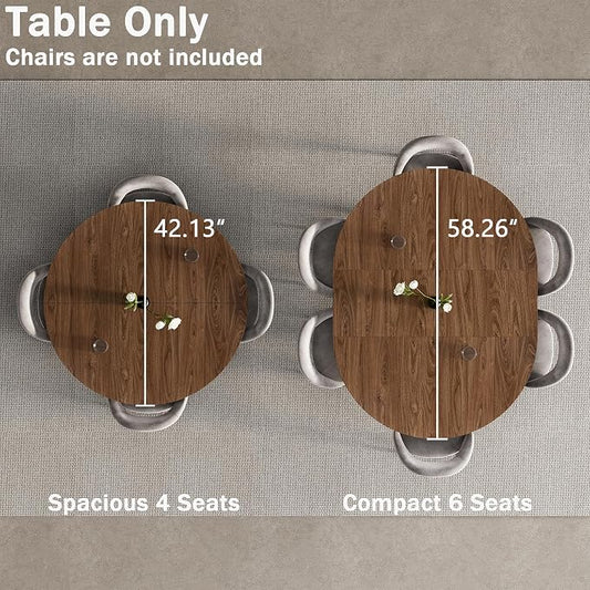 42"-58" Extendable Round Dining Table for 4-6, Kitchen Oval Table with Hidden Leaves & Storage Shelf, Space Saving Modern Design with Sturdy Metal Legs for Kitchen, Dining Room & Small Apartments