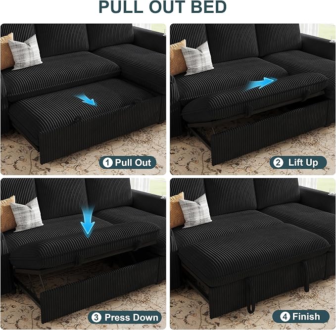 Sleeper Sofa with Pull Out Bed, Plush Corduroy Convertible Sofa Bed with Adjustable Backrest and Cup Holders, Loveseat Sleeper Couches for Living Room, Apartment, Black