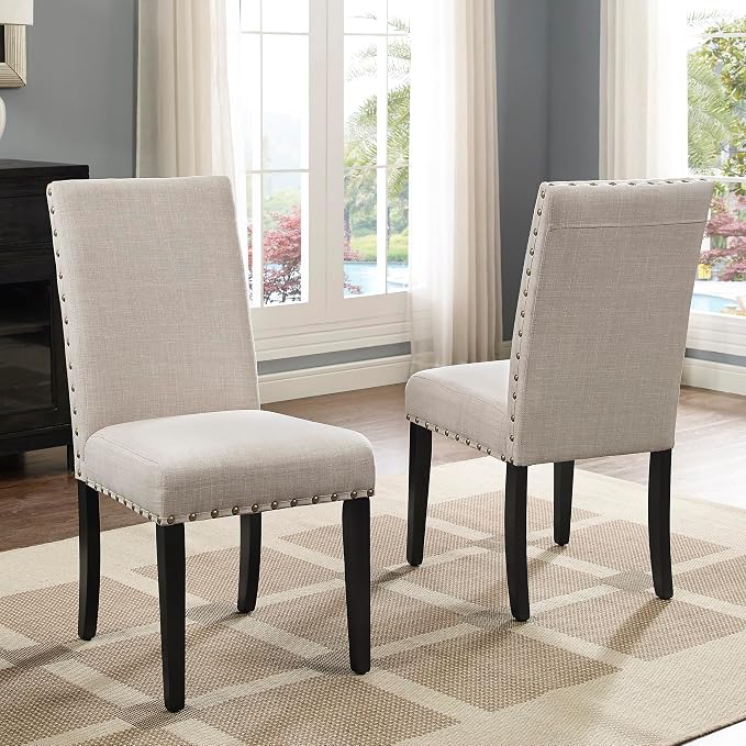 Roundhill Furniture Biony Fabric Dining Chairs with Nailhead Trim, Set of 2, Tan