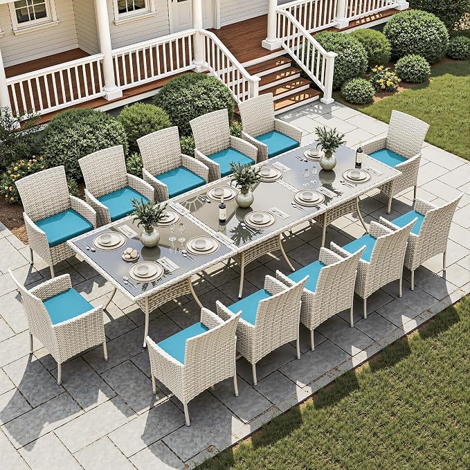 15-Piece Patio Dining Set, Patio Furniture Set with Square Tempered Glass Table & 12 Wicker Chairs, Expandable Design for Larger Groups, Outdoor Furniture for Backyard, Deck, Garden, Turquoise