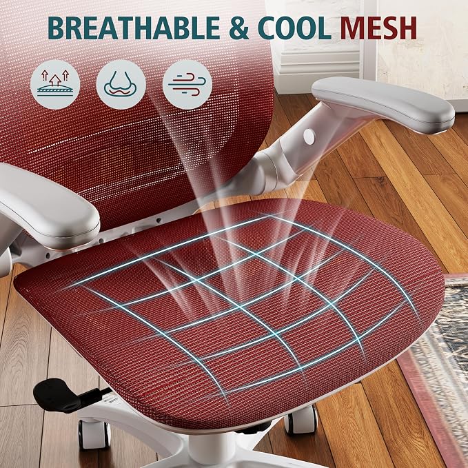 GABRYLLY Ergonomic Office Chair, High Back Home Desk Chair with Headrest, Flip-Up Arms, 90-120° Tilt Lock and Wide Cushion, 300LBS Mesh Chairs for Man Woman, White Task Chair(Red,GY01WR)